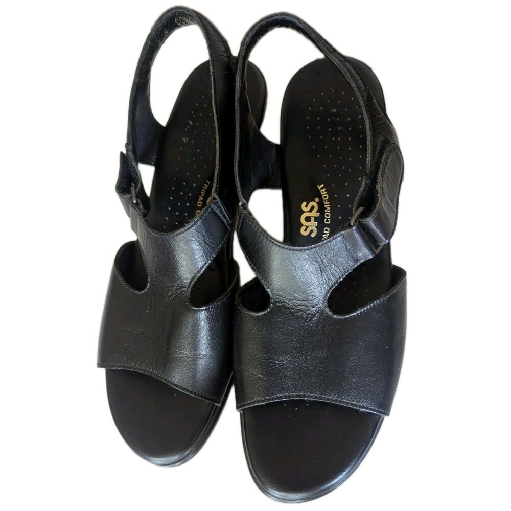 SAS Suntimer Sandals Women 8N Black Leather T-Strap Block Heel Comfort Shoes - Picture 1 of 11